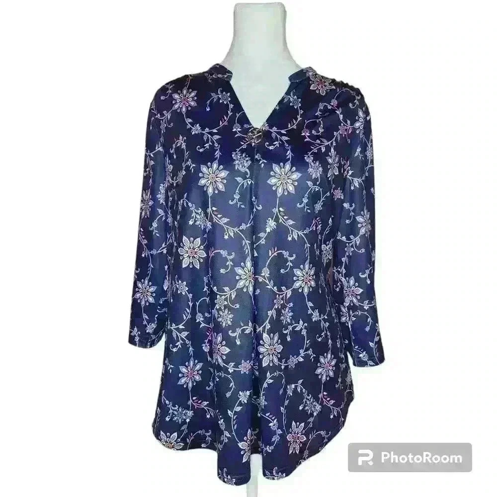 Valolia womens floral button up long sleeve blouse size medium